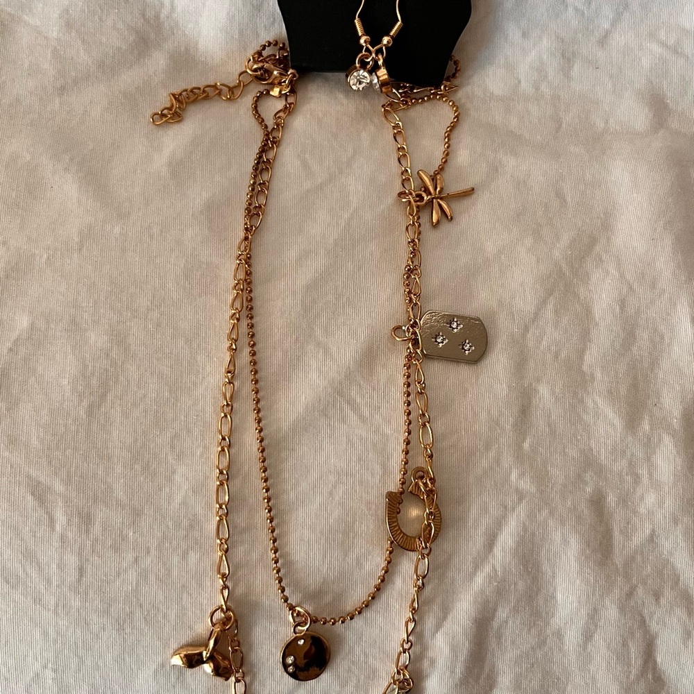 Elegant Gold Charm Necklace and Earring Set